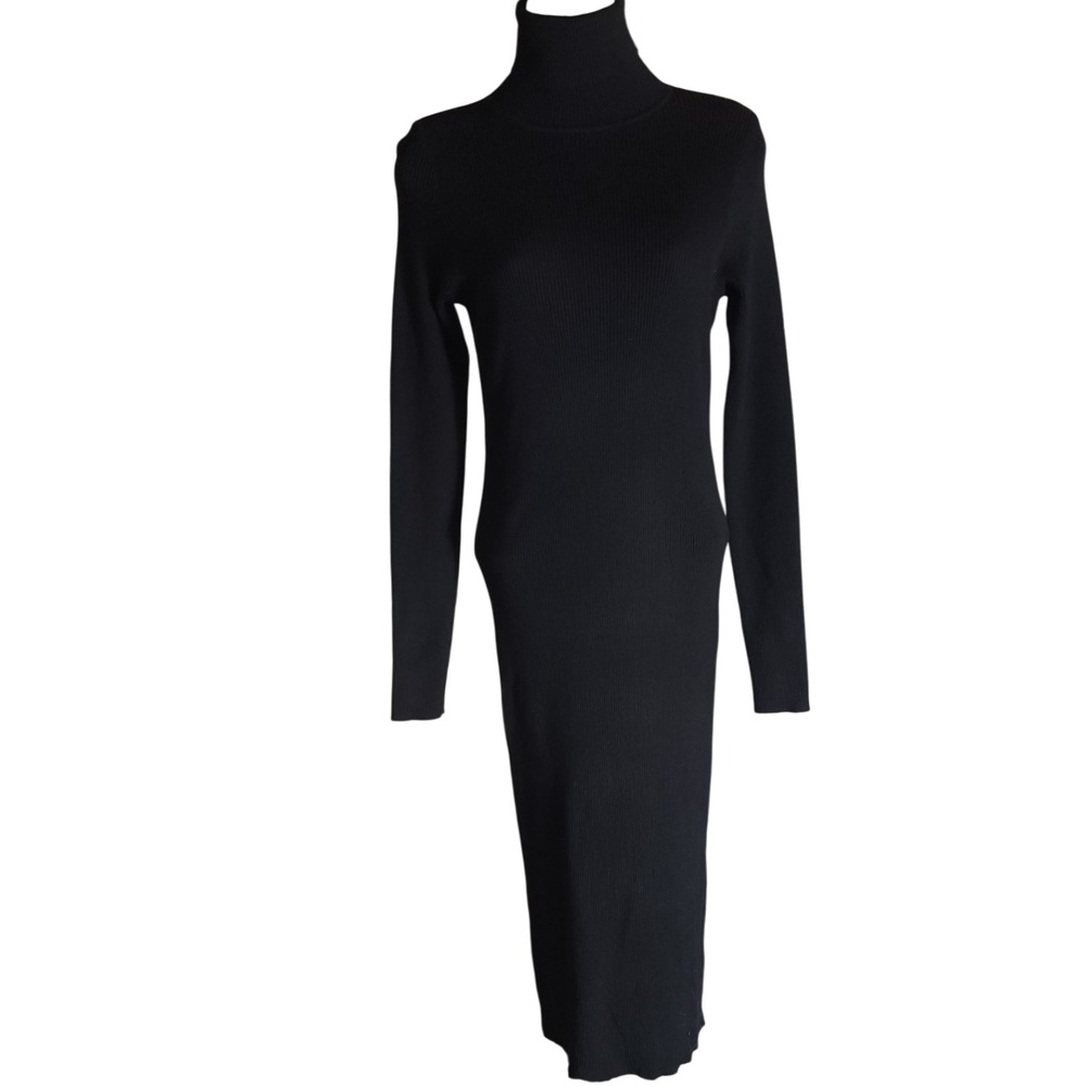 Ninovino Women's Turtleneck Sweater Dress Black Ribbed Knit Bodycon L 42" Length